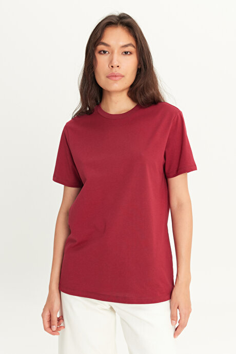 Slim Fit Dar Kesim Bisiklet Yaka %100 Pamuk Kısa Kollu Bordo Tişört resmi