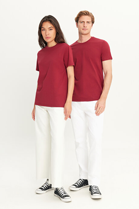 Slim Fit Dar Kesim Bisiklet Yaka %100 Pamuk Kısa Kollu Bordo Tişört resmi