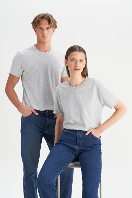 Slim Fit Dar Kesim Bisiklet Yaka Pamuklu Kısa Kollu Gri Melanj Tişört resmi