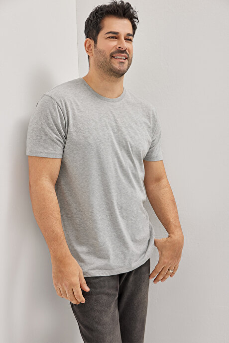 Slim Fit Dar Kesim Bisiklet Yaka Pamuklu Kısa Kollu Gri Melanj Tişört resmi