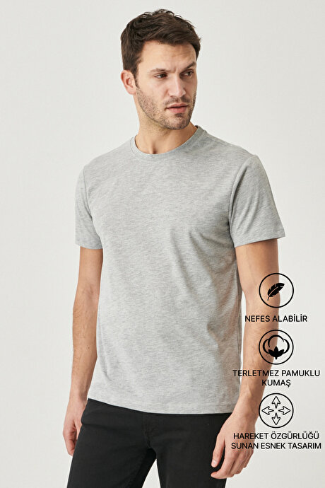 Slim Fit Dar Kesim Bisiklet Yaka Pamuklu Kısa Kollu Gri Melanj Tişört resmi