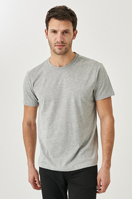 Slim Fit Dar Kesim Bisiklet Yaka Pamuklu Kısa Kollu Gri Melanj Tişört resmi