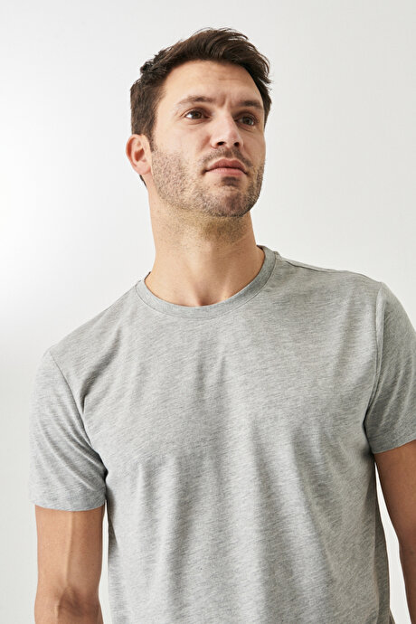 Slim Fit Dar Kesim Bisiklet Yaka Pamuklu Kısa Kollu Gri Melanj Tişört resmi