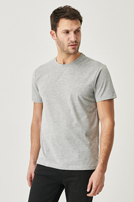 Slim Fit Dar Kesim Bisiklet Yaka Pamuklu Kısa Kollu Gri Melanj Tişört resmi