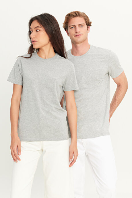Slim Fit Dar Kesim Bisiklet Yaka %100 Pamuk Kısa Kollu Gri Melanj Tişört resmi