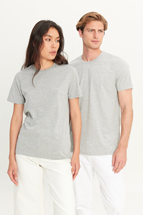Slim Fit Dar Kesim Bisiklet Yaka %100 Pamuk Kısa Kollu Gri Melanj Tişört resmi