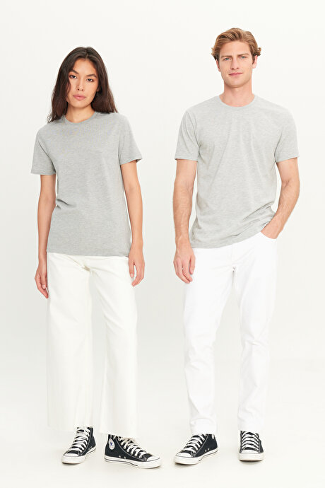 Slim Fit Dar Kesim Bisiklet Yaka %100 Pamuk Kısa Kollu Gri Melanj Tişört resmi