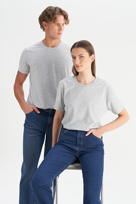Slim Fit Dar Kesim Bisiklet Yaka Pamuklu Kısa Kollu Gri Melanj Tişört resmi
