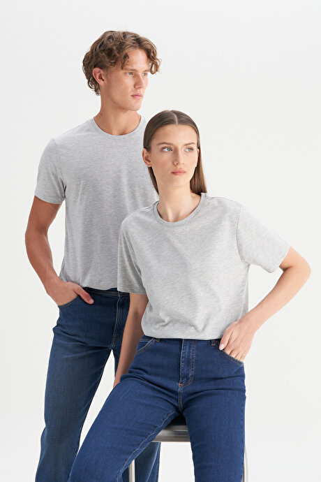 Slim Fit Dar Kesim Bisiklet Yaka Pamuklu Kısa Kollu Gri Melanj Tişört resmi