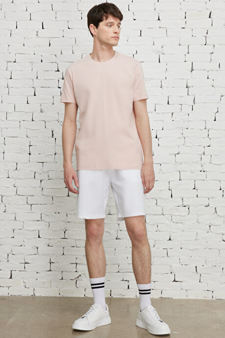 Slim Fit Dar Kesim Bisiklet Yaka %100 Pamuk Kısa Kollu Gül Kurusu Tişört resmi