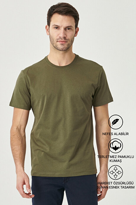 Slim Fit Dar Kesim Bisiklet Yaka %100 Pamuk Kısa Kollu Haki Tişört resmi