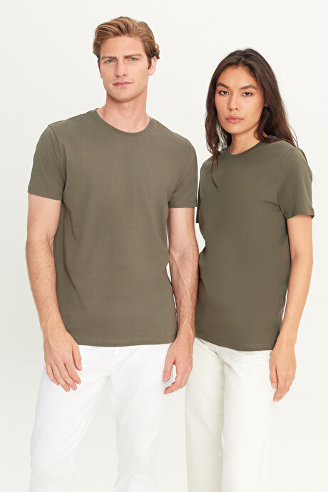 Slim Fit Dar Kesim Bisiklet Yaka %100 Pamuk Kısa Kollu Haki Tişört resmi