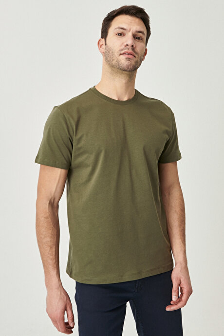 Slim Fit Dar Kesim Bisiklet Yaka %100 Pamuk Kısa Kollu Haki Tişört resmi