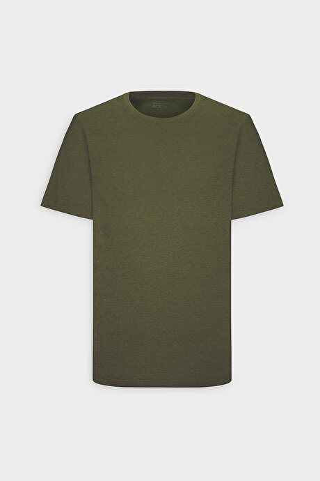 Slim Fit Dar Kesim Bisiklet Yaka %100 Pamuk Kısa Kollu Haki Tişört resmi
