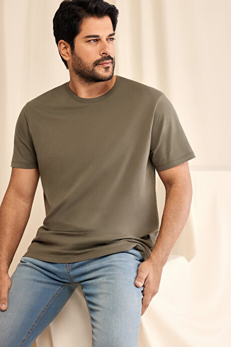 Slim Fit Dar Kesim Bisiklet Yaka %100 Pamuk Kısa Kollu Haki Tişört resmi