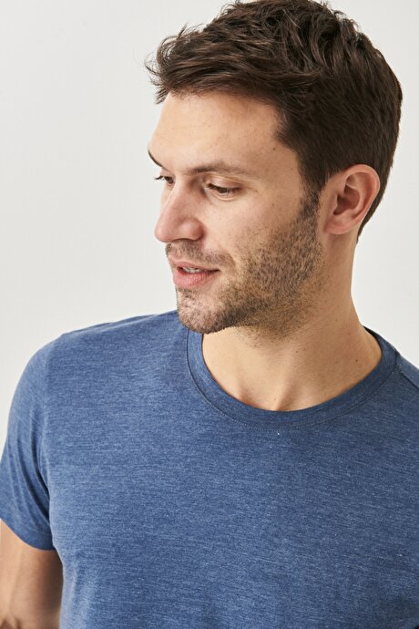 Slim Fit Dar Kesim Bisiklet Yaka %100 Pamuk Kısa Kollu İndigo Melanj Tişört resmi