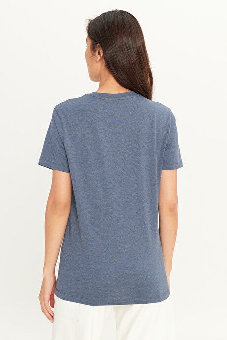 Slim Fit Dar Kesim Bisiklet Yaka %100 Pamuk Kısa Kollu İndigo Melanj Tişört resmi