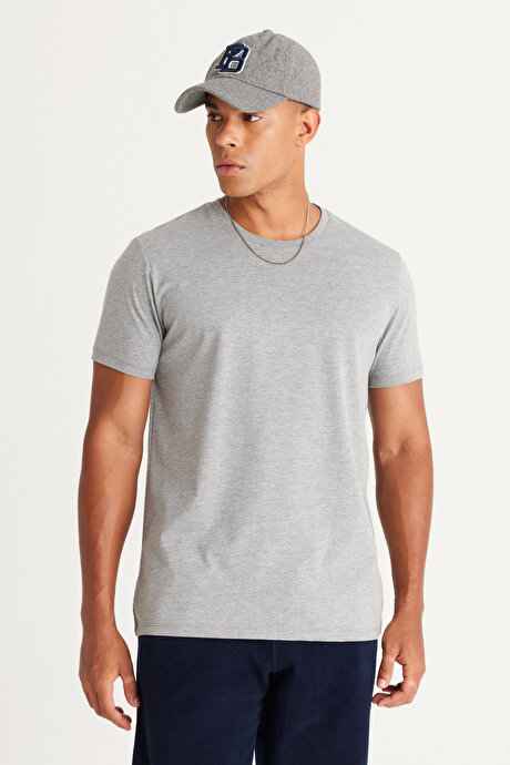 Slim Fit Dar Kesim Bisiklet Yaka %100 Pamuk Kısa Kollu Koyu Gri Tişört resmi