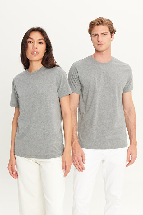 Slim Fit Dar Kesim Bisiklet Yaka %100 Pamuk Kısa Kollu Koyu Gri Tişört resmi