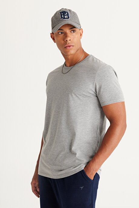 Slim Fit Dar Kesim Bisiklet Yaka %100 Pamuk Kısa Kollu Koyu Gri Tişört resmi