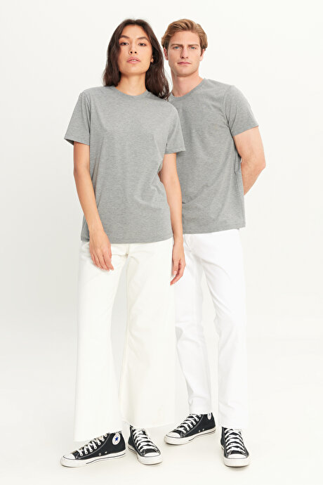 Slim Fit Dar Kesim Bisiklet Yaka %100 Pamuk Kısa Kollu Koyu Gri Tişört resmi