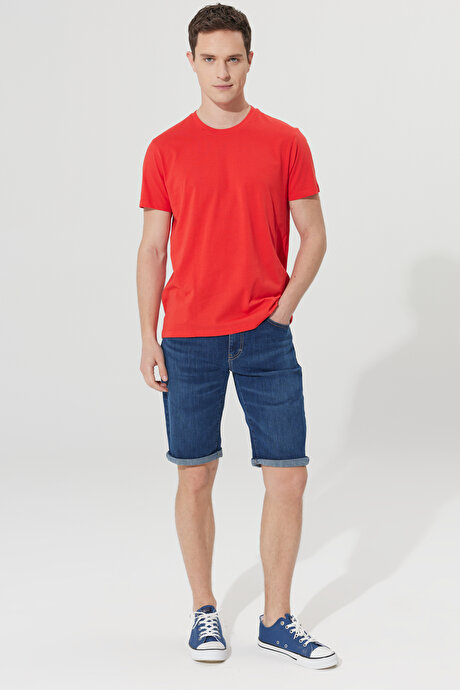Slim Fit Dar Kesim Bisiklet Yaka %100 Pamuk Kısa Kollu Kırmızı Tişört resmi