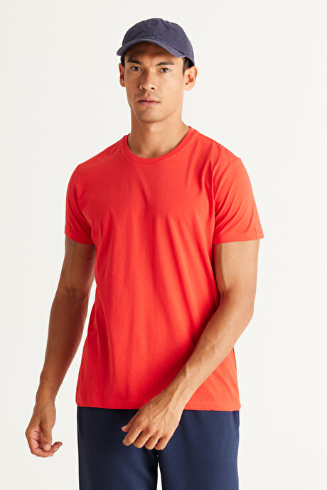 Slim Fit Dar Kesim Bisiklet Yaka %100 Pamuk Kısa Kollu Kırmızı Tişört resmi