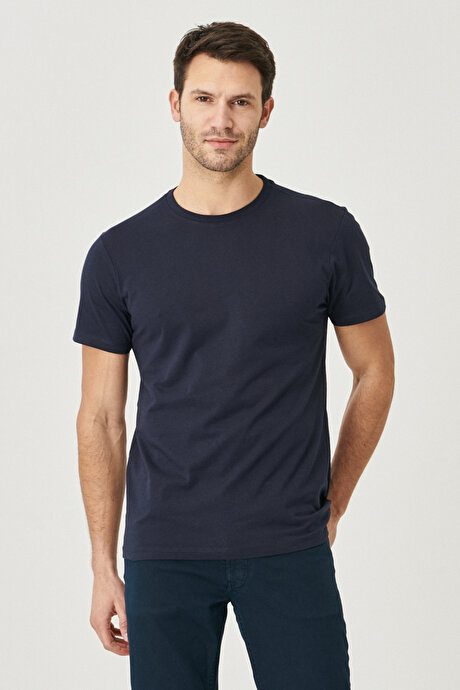 Slim Fit Dar Kesim Bisiklet Yaka %100 Pamuk Kısa Kollu Lacivert Tişört resmi