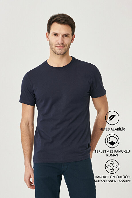 Slim Fit Dar Kesim Bisiklet Yaka %100 Pamuk Kısa Kollu Lacivert Tişört resmi