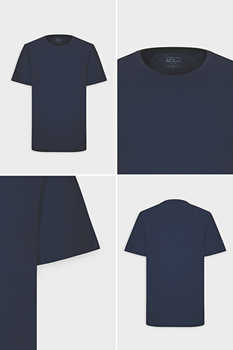 Slim Fit Dar Kesim Bisiklet Yaka %100 Pamuk Kısa Kollu Lacivert Tişört resmi