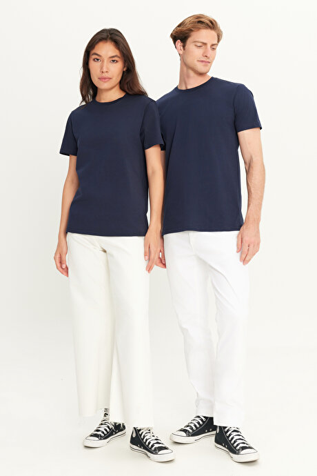 Slim Fit Dar Kesim Bisiklet Yaka %100 Pamuk Kısa Kollu Lacivert Tişört resmi