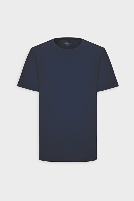 Slim Fit Dar Kesim Bisiklet Yaka %100 Pamuk Kısa Kollu Lacivert Tişört resmi
