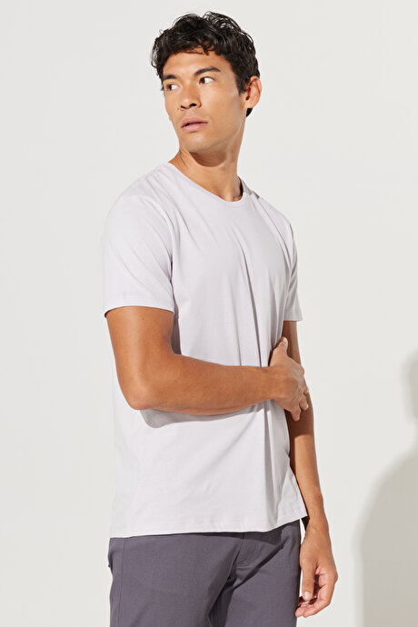 Slim Fit Dar Kesim Bisiklet Yaka %100 Pamuk Kısa Kollu Lila Tişört resmi