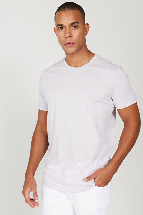Slim Fit Dar Kesim Bisiklet Yaka %100 Pamuk Kısa Kollu Lila Tişört resmi