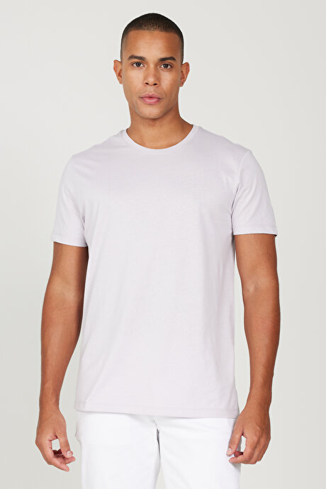 Slim Fit Dar Kesim Bisiklet Yaka %100 Pamuk Kısa Kollu Lila Tişört resmi