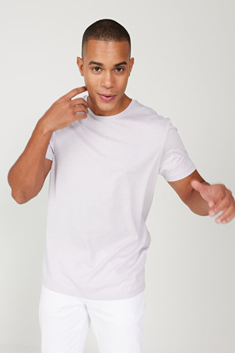 Slim Fit Dar Kesim Bisiklet Yaka %100 Pamuk Kısa Kollu Lila Tişört resmi