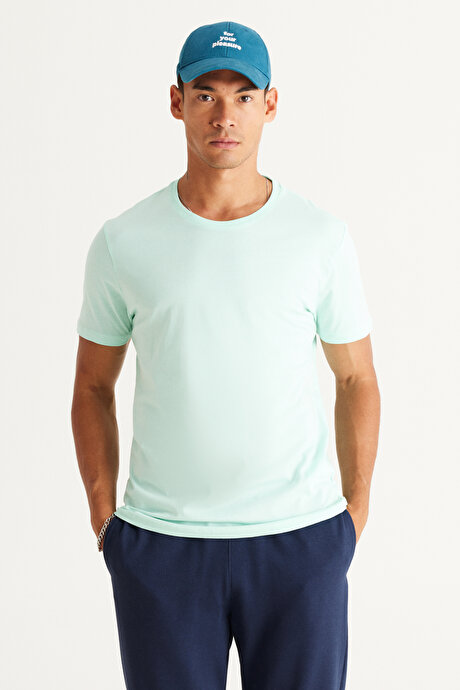 Slim Fit Dar Kesim Bisiklet Yaka %100 Pamuk Kısa Kollu Mint Tişört resmi