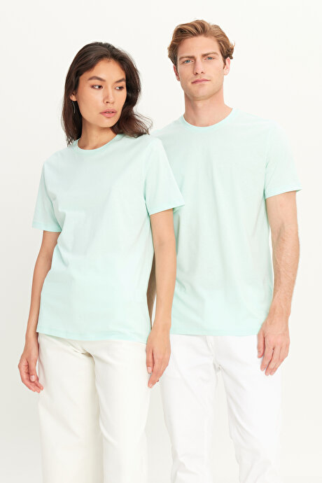 Slim Fit Dar Kesim Bisiklet Yaka %100 Pamuk Kısa Kollu Mint Tişört resmi