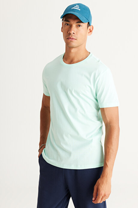Slim Fit Dar Kesim Bisiklet Yaka %100 Pamuk Kısa Kollu Mint Tişört resmi