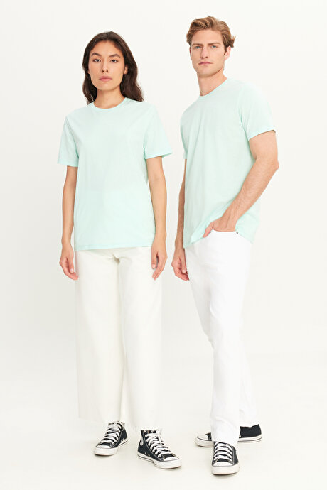 Slim Fit Dar Kesim Bisiklet Yaka %100 Pamuk Kısa Kollu Mint Tişört resmi