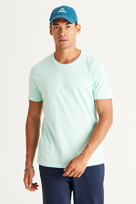 Slim Fit Dar Kesim Bisiklet Yaka %100 Pamuk Kısa Kollu Mint Tişört resmi