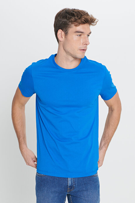 Slim Fit Dar Kesim Bisiklet Yaka %100 Pamuk Kısa Kollu Saks Tişört resmi