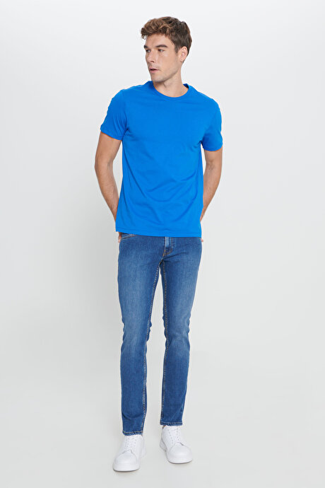 Slim Fit Dar Kesim Bisiklet Yaka %100 Pamuk Kısa Kollu Saks Tişört resmi
