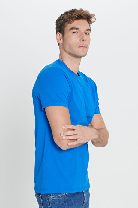 Slim Fit Dar Kesim Bisiklet Yaka %100 Pamuk Kısa Kollu Saks Tişört resmi