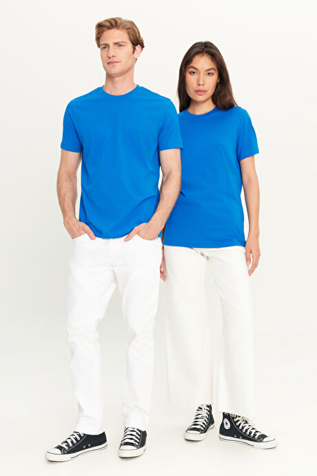 Slim Fit Dar Kesim Bisiklet Yaka %100 Pamuk Kısa Kollu Saks Tişört resmi