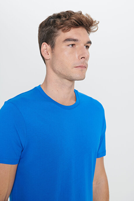 Slim Fit Dar Kesim Bisiklet Yaka %100 Pamuk Kısa Kollu Saks Tişört resmi