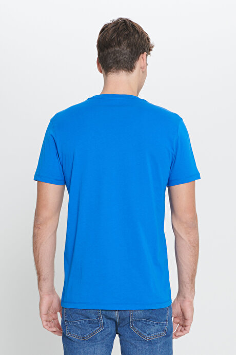 Slim Fit Dar Kesim Bisiklet Yaka %100 Pamuk Kısa Kollu Saks Tişört resmi