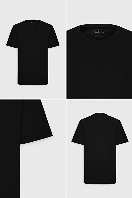 Slim Fit Dar Kesim Bisiklet Yaka %100 Pamuk Kısa Kollu Siyah Tişört resmi