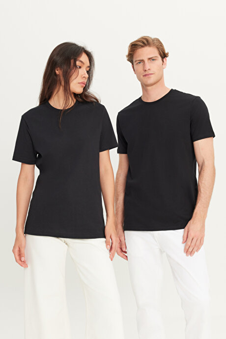 Slim Fit Dar Kesim Bisiklet Yaka %100 Pamuk Kısa Kollu Siyah Tişört resmi