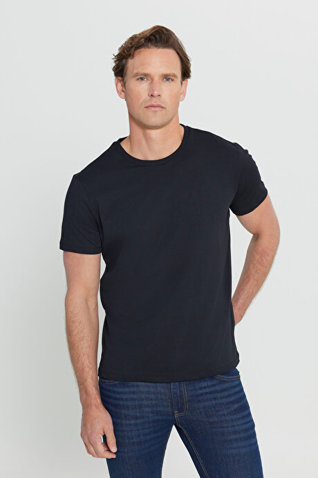 Slim Fit Dar Kesim Bisiklet Yaka %100 Pamuk Kısa Kollu Siyah Tişört resmi